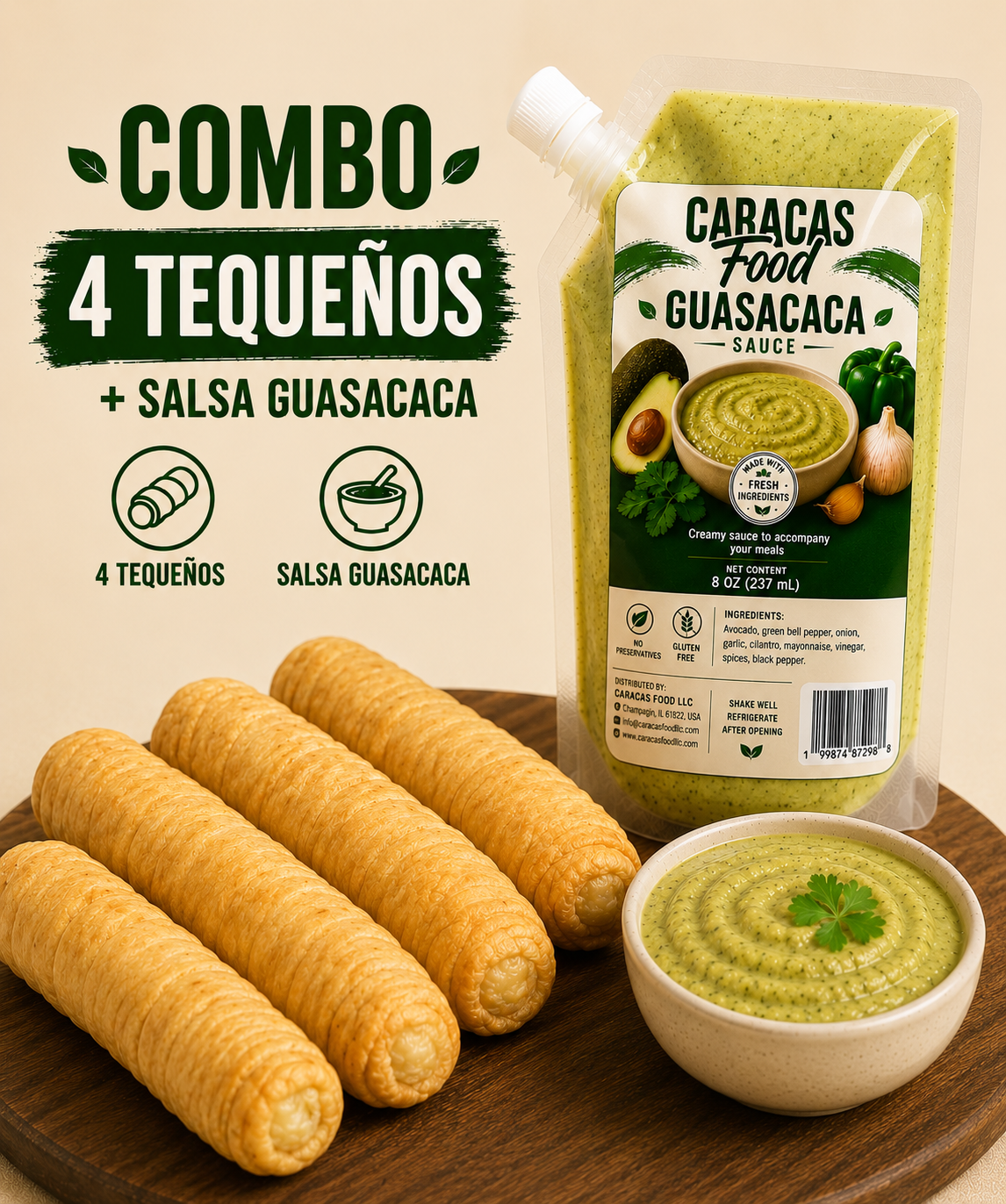 Caracas Food Combo: 4 Tequeños + Guasacaca 8oz.